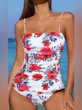 NWT ZAFUL Floral Tankini Tummy Control Ruched High Waisted 2Pc Swimsuit Womens S